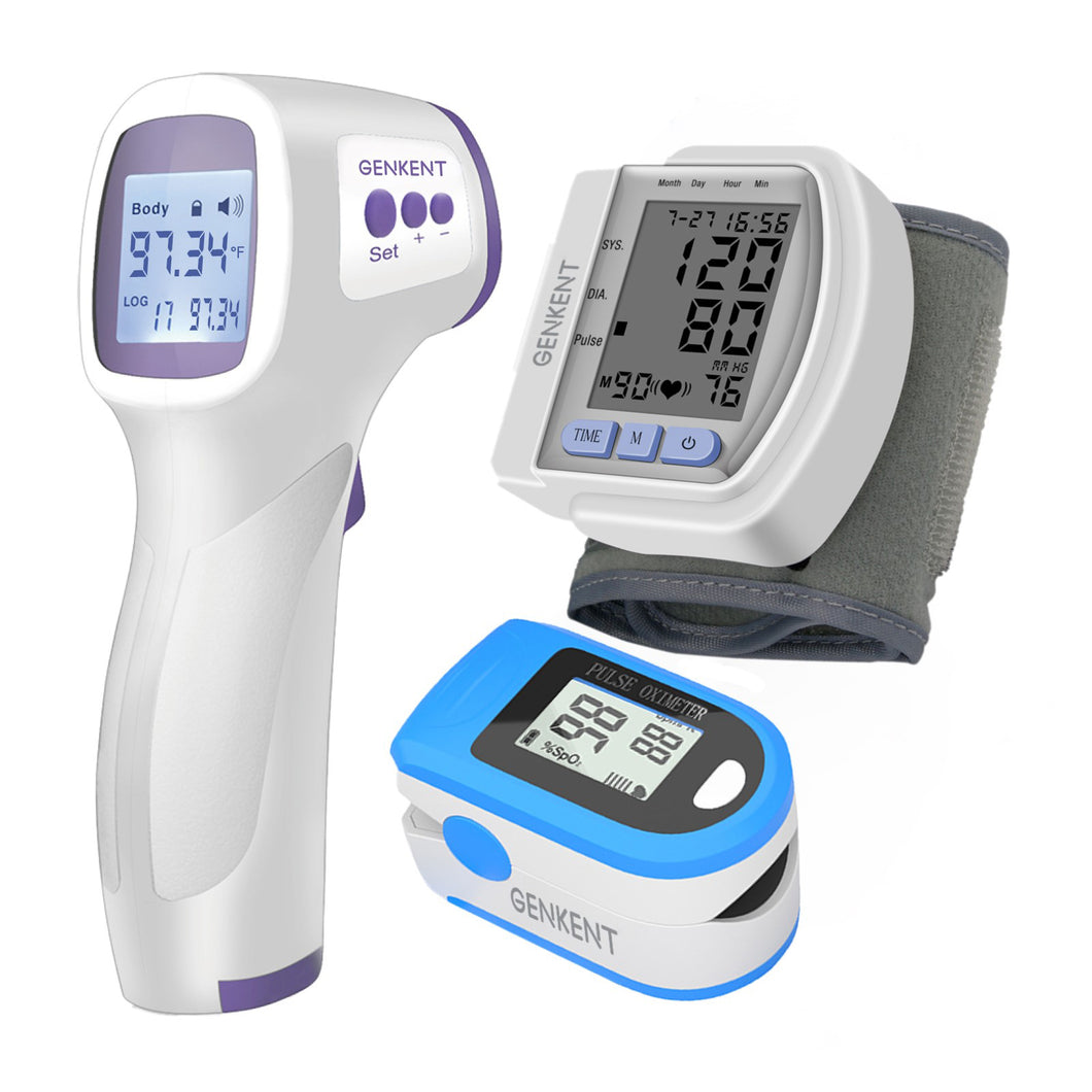 GENKENT Health Monitor Kit with Wrist BP Monitor, Touchless Digital Infrared Forehead Thermometer and Pulse Oximeter for Sport Hiking/Running/Riding/Climbling/Yoga, Gift Choice for Parents