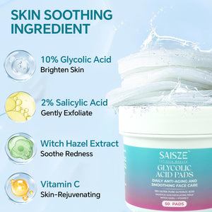 WM-SAISZE Glycolic Acid Pads for Face, 10% Glycolic Acid & Salicylic Acid Exfoliating Peel Pads for Cleansing Skin with Vitamin C & Witch Hazel, 50 Pads